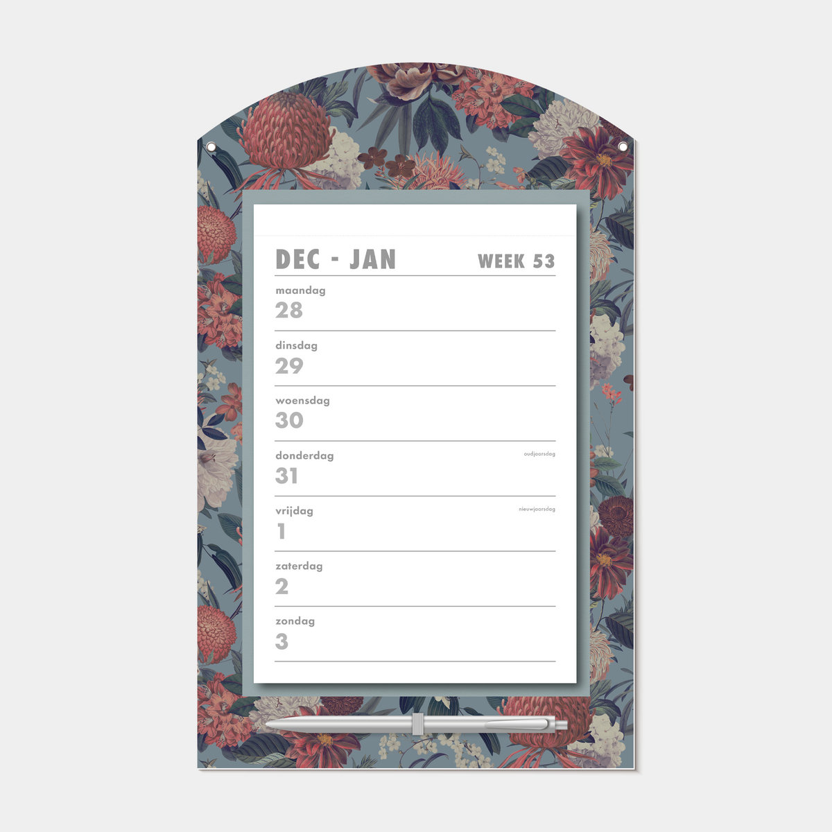 Scheurkalender 2027 op een kartonnen bord voorzien van een klassieke botanische print, met pen – binnenwerk met weekoverzicht.